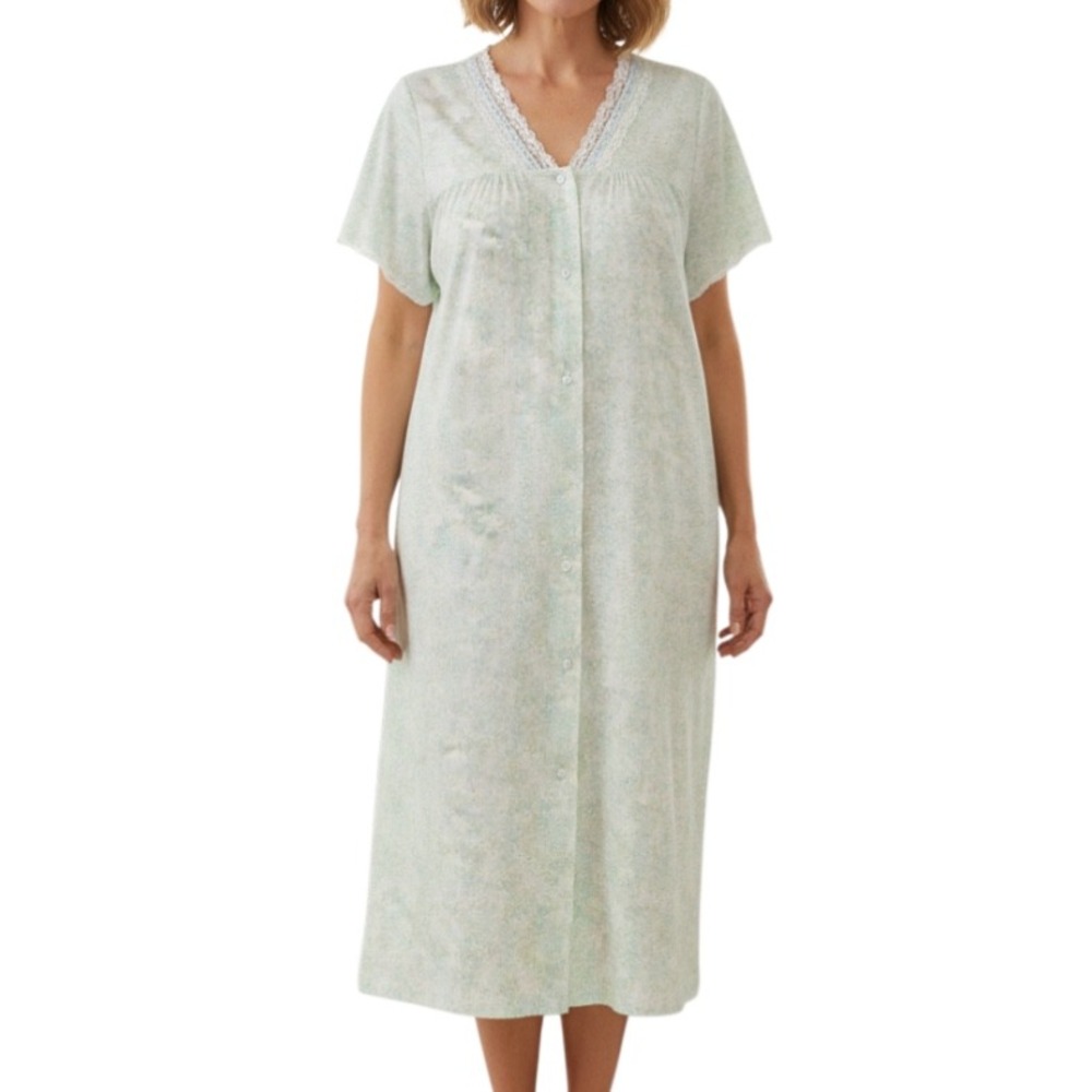 NIGHT TIME CREATIONS Green/Blue FLORAL Lace Trim PLEATED Robe/House Dress Sz M